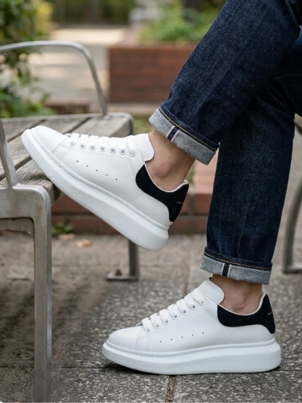 Alexander McQueen White Leather Sneakers with Black Heel Tab